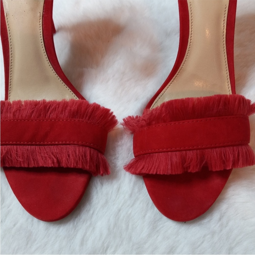 Vince Camuto Red Joshina Fringed Buckle Open Toe High Heels - Picture 4 of 11